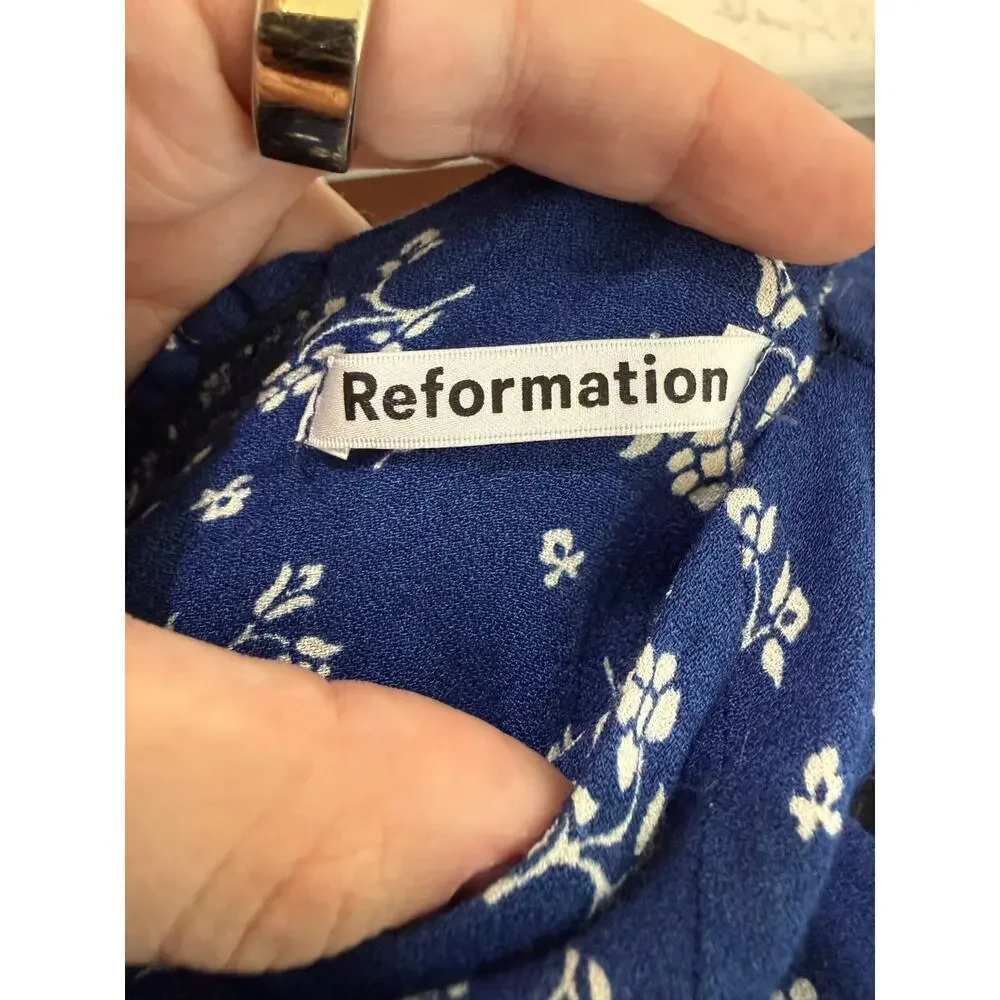 Reformation Nell Blue White Floral Puff Sleeve Fitted Blouse Size 4
